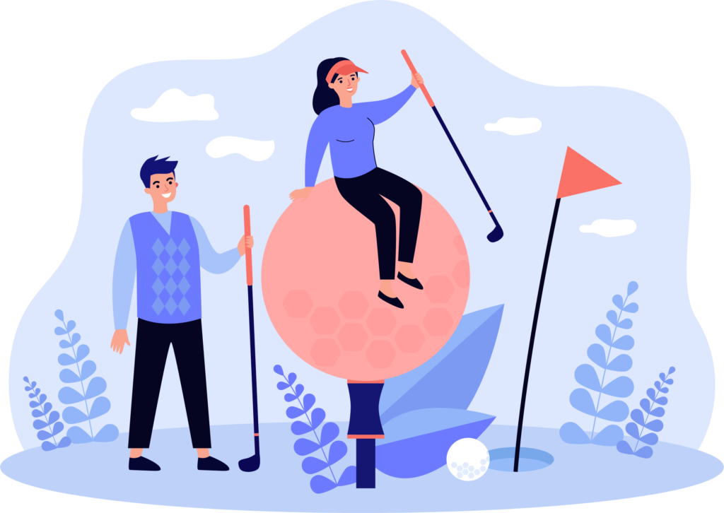 Man holding golf club next to a girl also holding a golf club sitting on an oversized golf ball.
