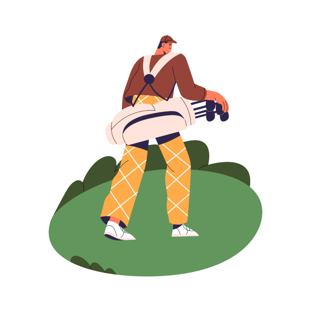Man walking away in golf attire with golf club over his shoulder.