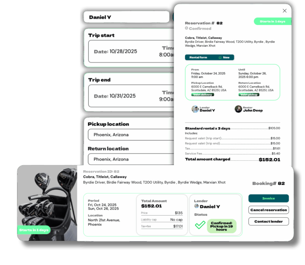 Screenshots of booking receipts and confirmations.